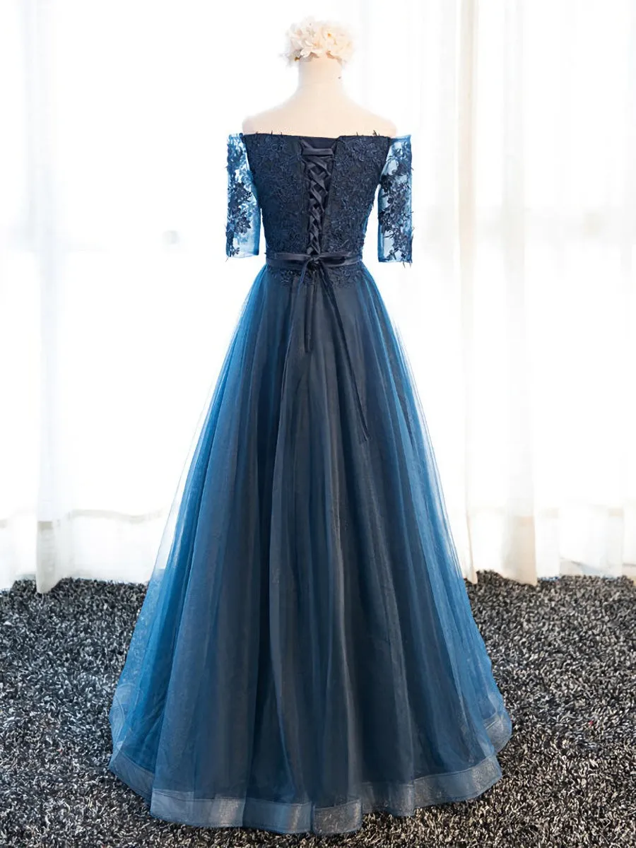 Half Sleeves Navy Blue Long Lace Prom Dresses, Navy Blue Lace Formal Bridesmaid Dresses