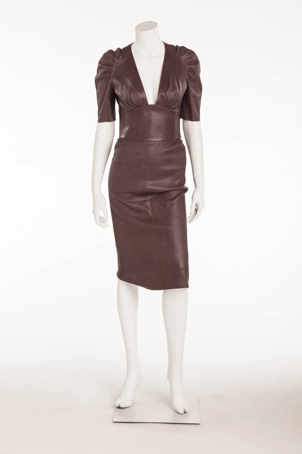 JItrois - "Monceau" -Burgundy Fitted Short Sleeve Leather Stretch Lambskin Dress - FR 38