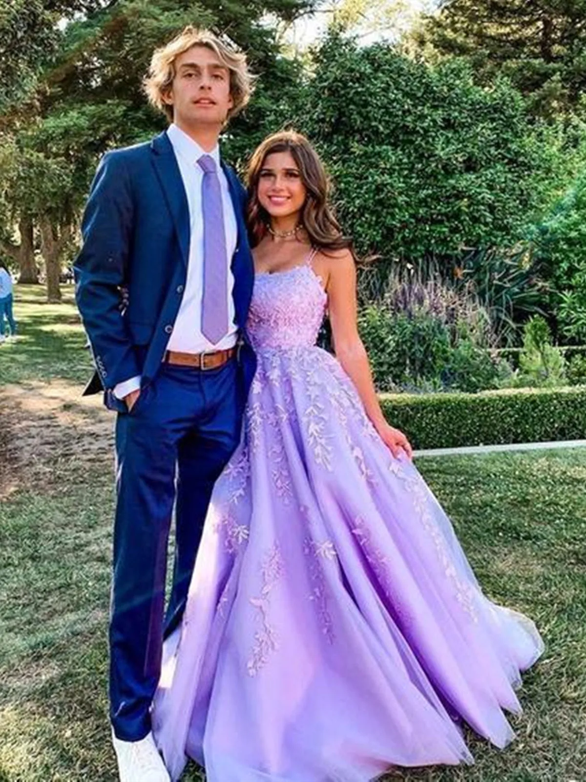 Lavender Applique Tulle Long Prom Dresses, Purple Lace Graduation Dresses Formal Gown