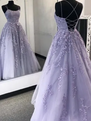 Lavender Applique Tulle Long Prom Dresses, Purple Lace Graduation Dresses Formal Gown