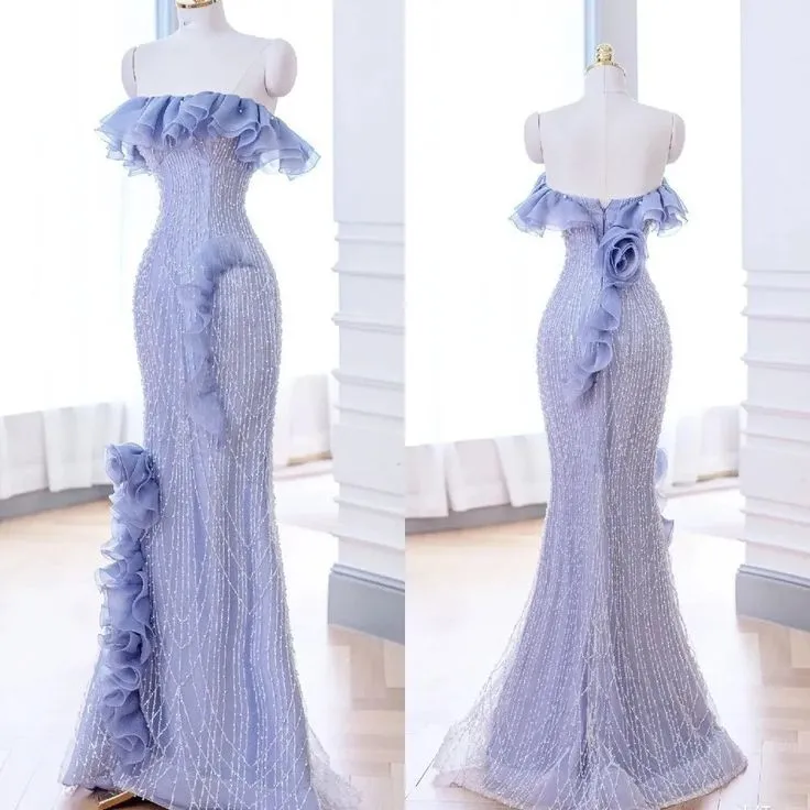 Lavender Flower Ruffles Beaded Lace Prom Dress Mermaid Evening Dress SH1331