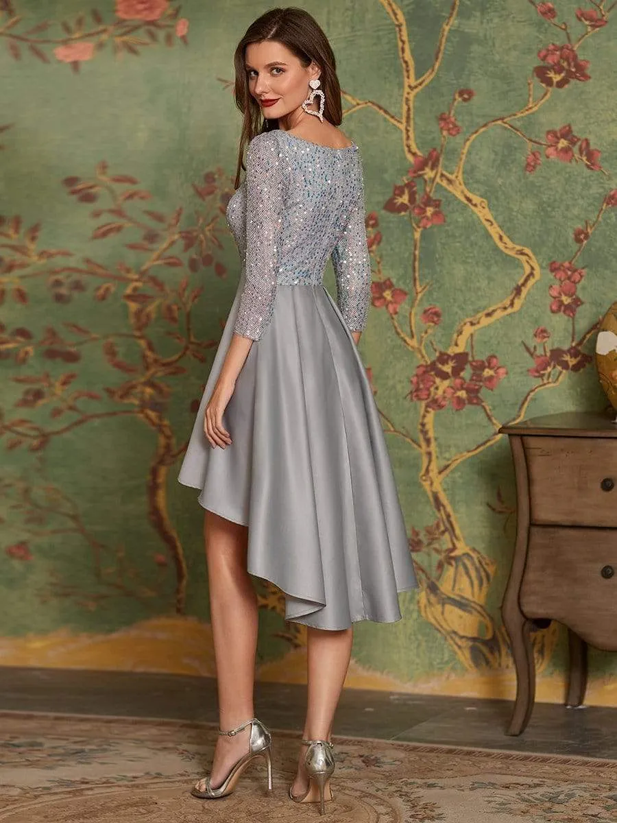 Long Sleeve Square Neck High Low Sparkling Prom Dress