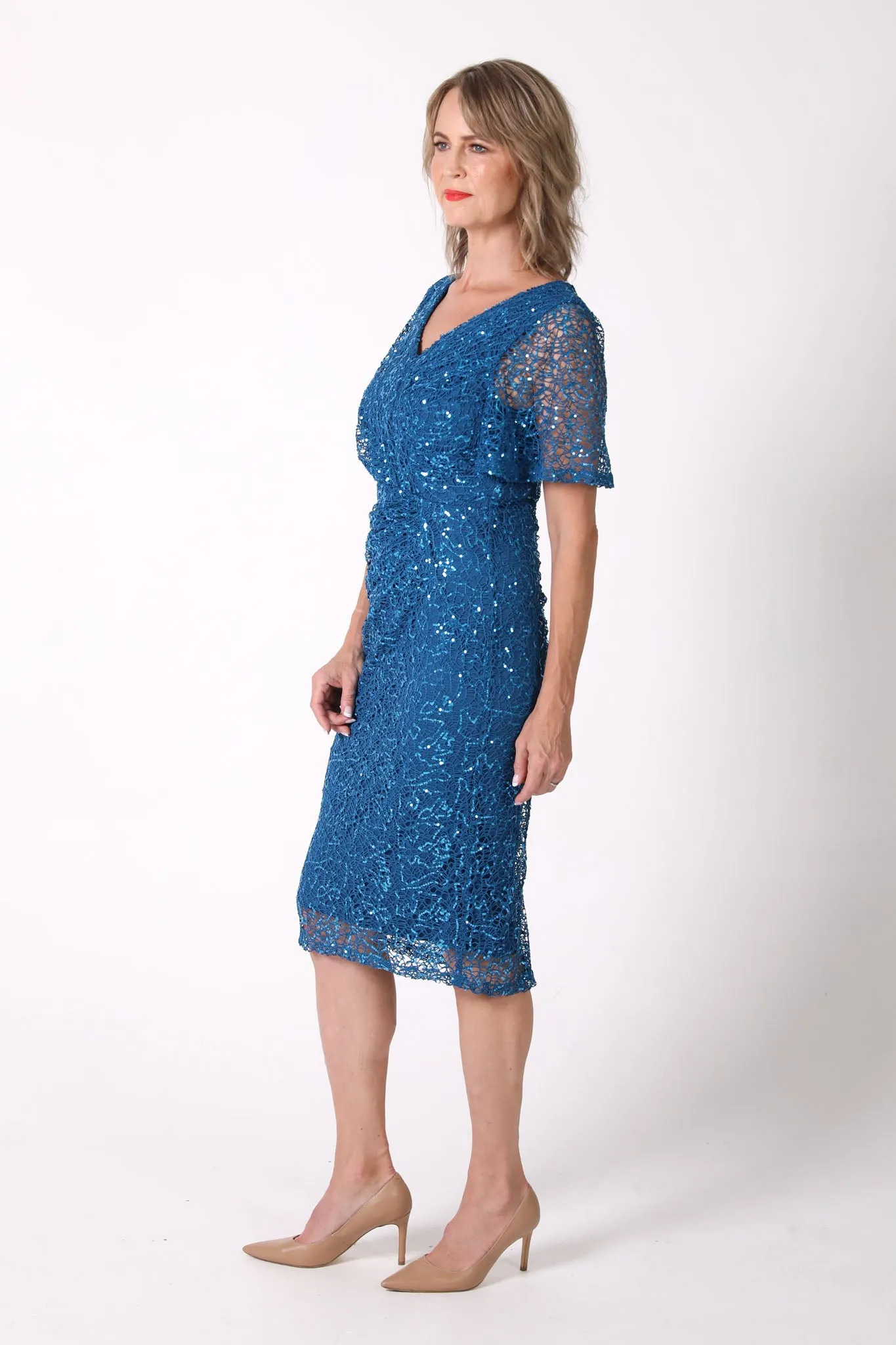 Meredith V-Neck Sequin Midi Dress - Teal