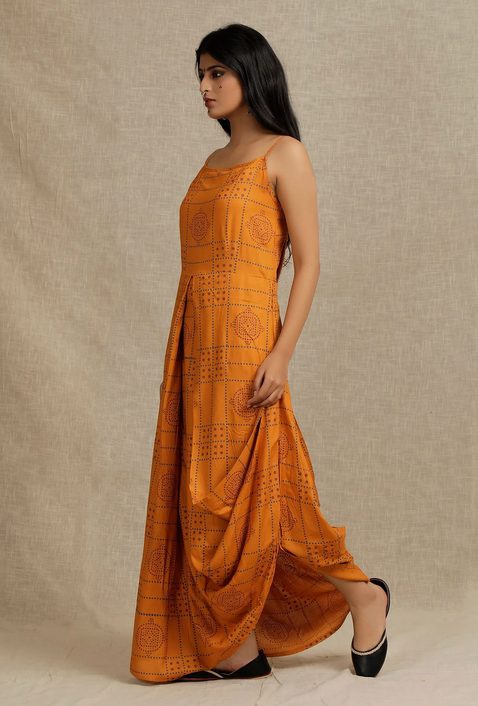 Mustard Hand Block Printed draped styled long Dress