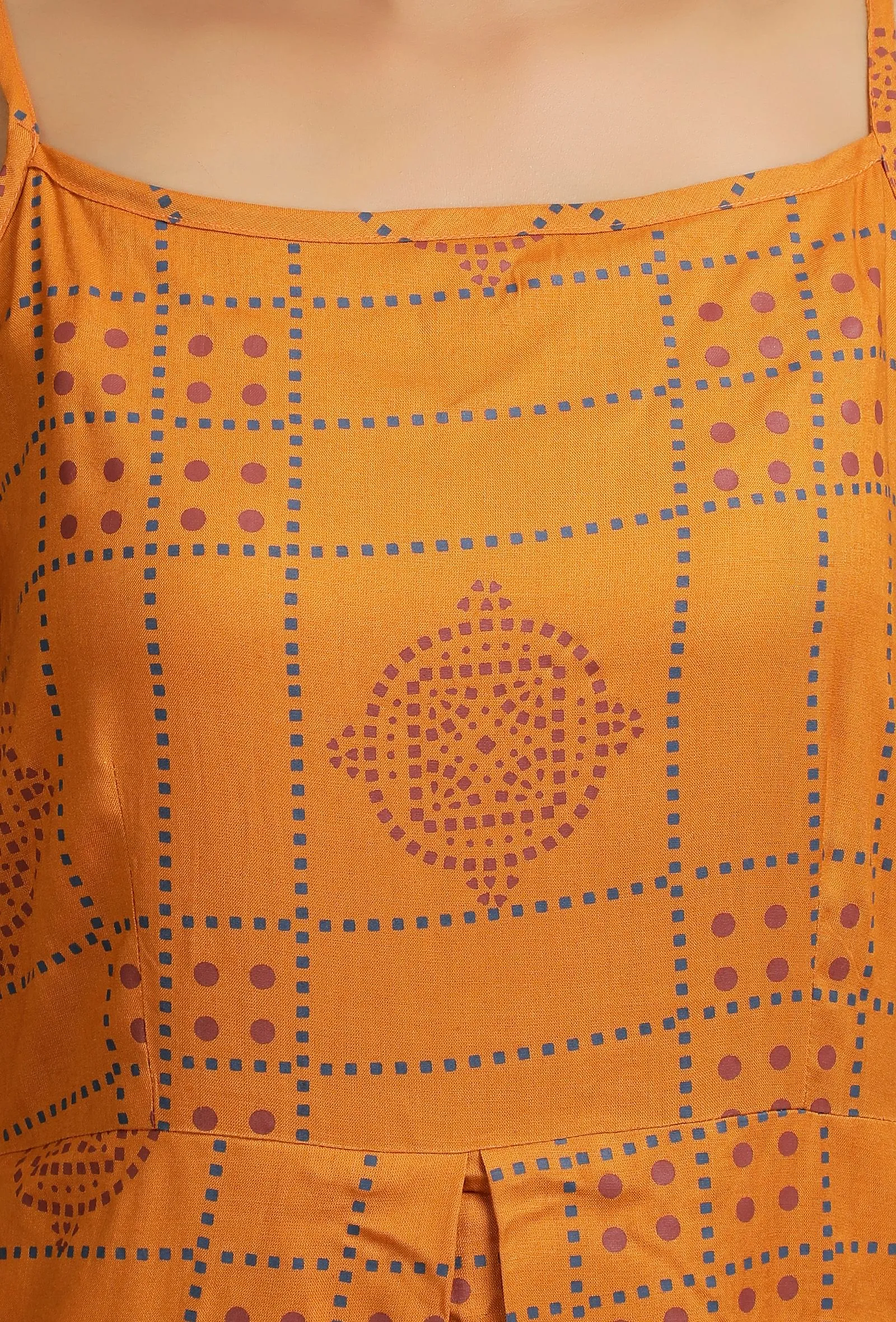 Mustard Hand Block Printed draped styled long Dress