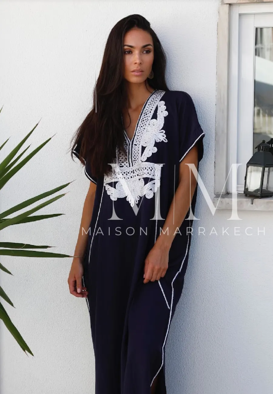 Navy Blue Silver Marrakech Resort Kaftan Caftan-Moroccan Kaftan