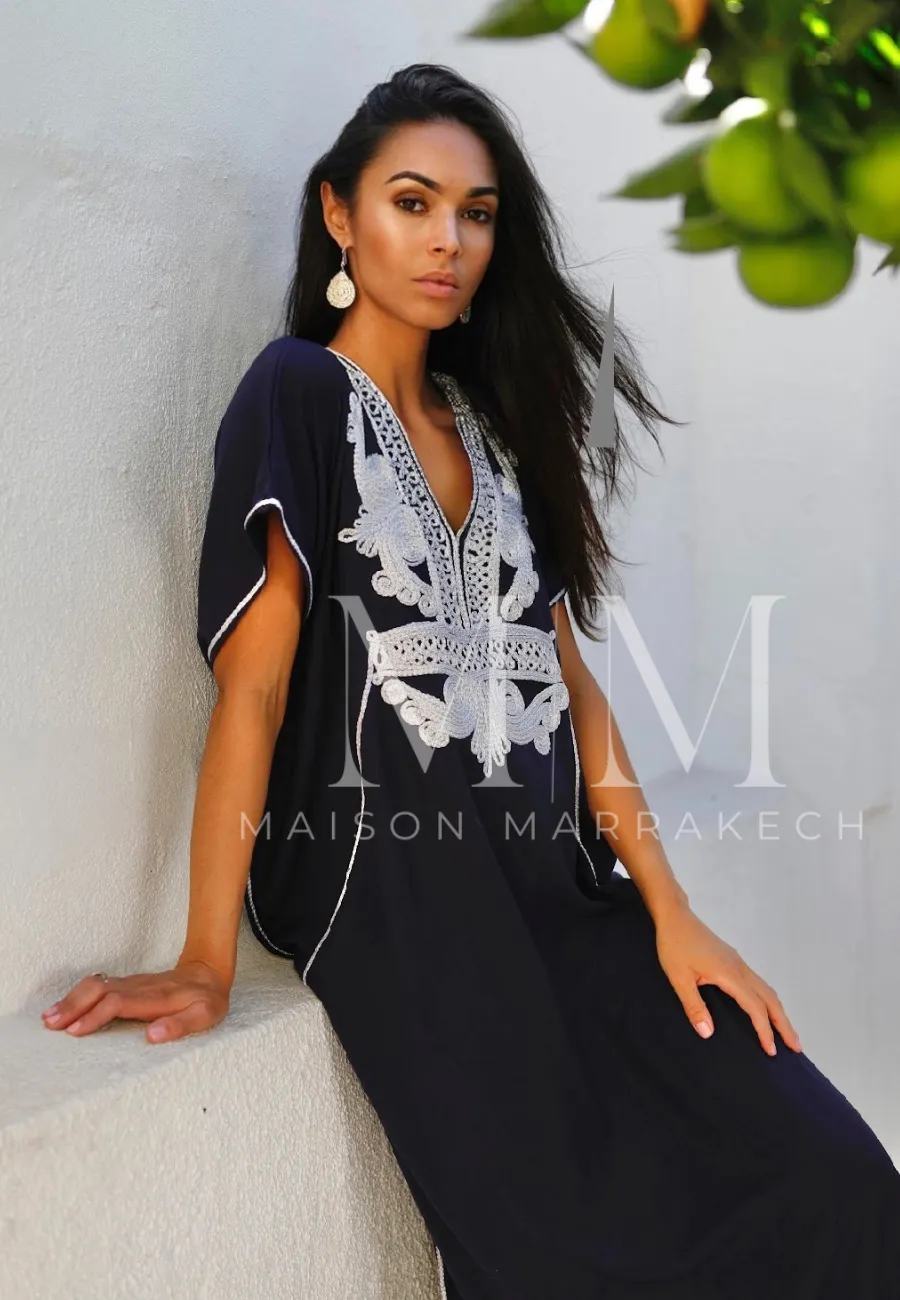 Navy Blue Silver Marrakech Resort Kaftan Caftan-Moroccan Kaftan