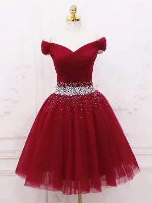 Off Shoulder Short Burgundy Prom Dresses, Short Burgundy Off the Shoulder Formal Homecoming Dresses