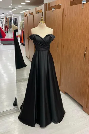 Off the Shoulder Black Satin Long Prom Dresses Black Off Shoulder Formal Evening Dresses