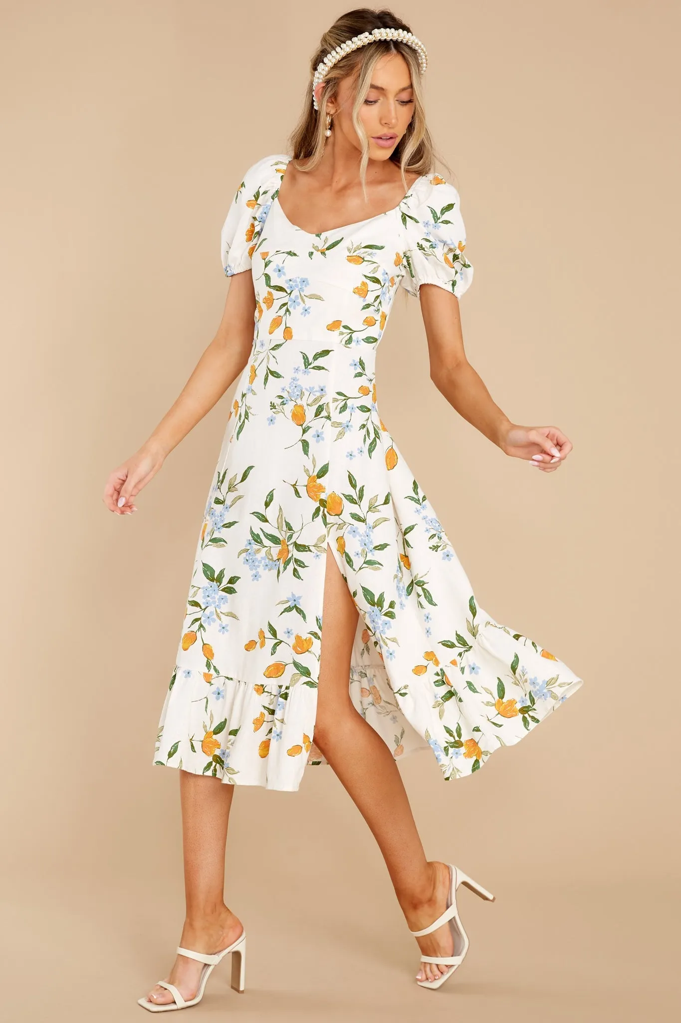 Oh So Fresh Ivory Multi Floral Print Midi Dress