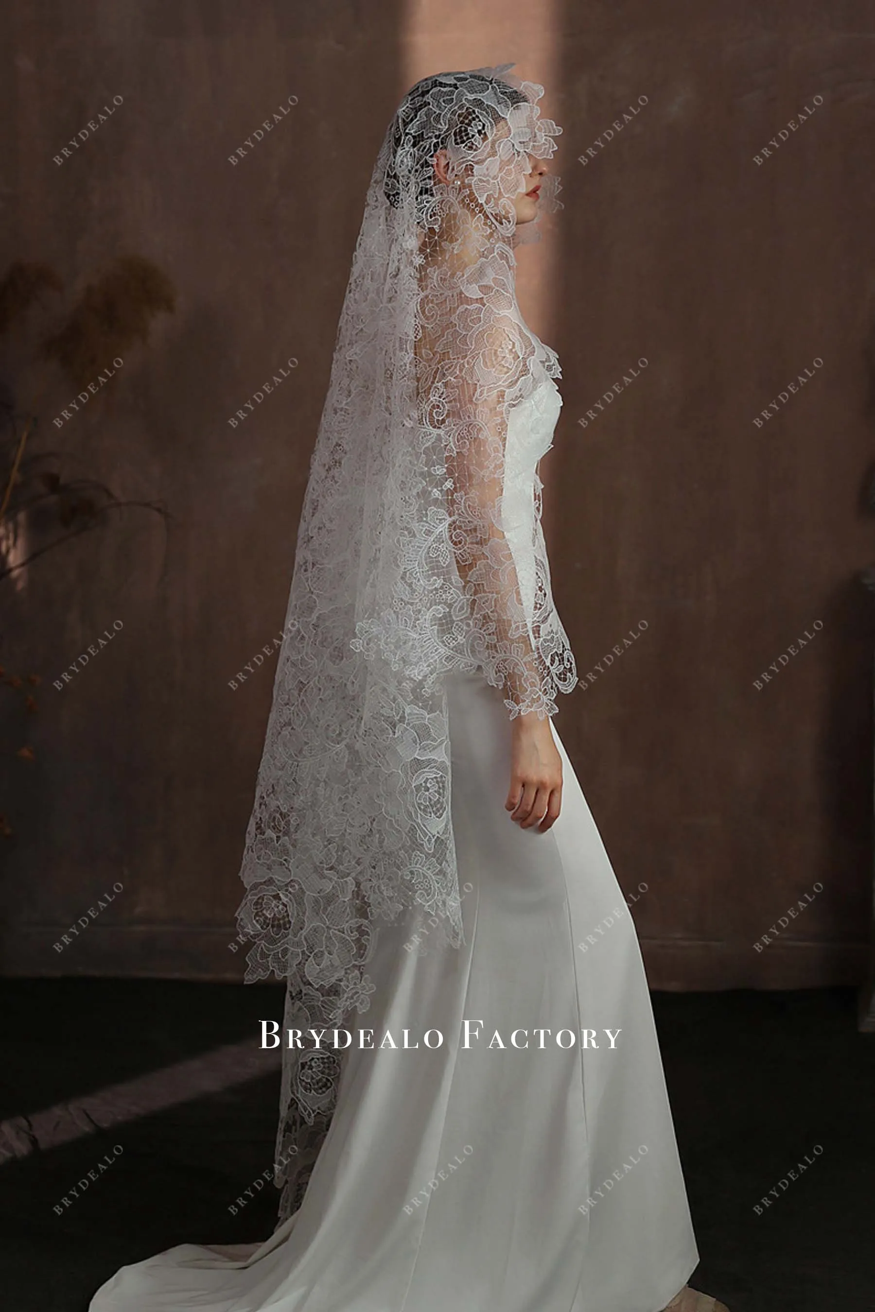 One Tier Vintage Lace Waltz Length Designer Bridal Veil