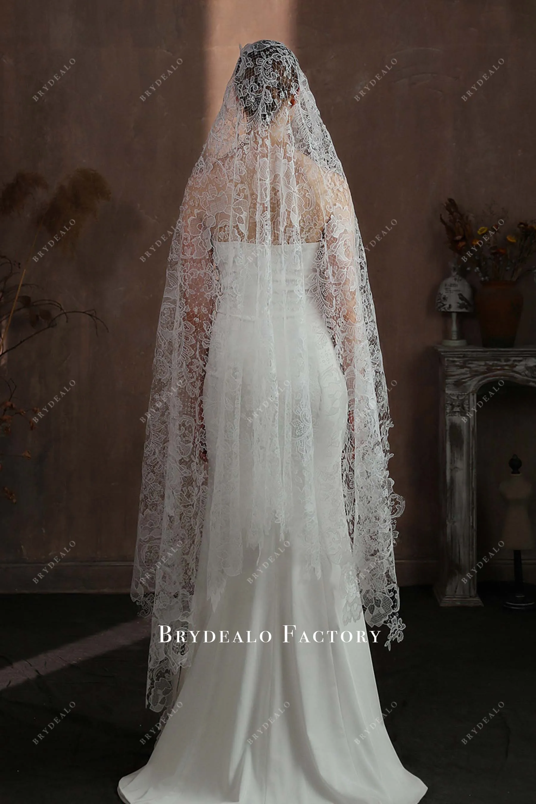 One Tier Vintage Lace Waltz Length Designer Bridal Veil