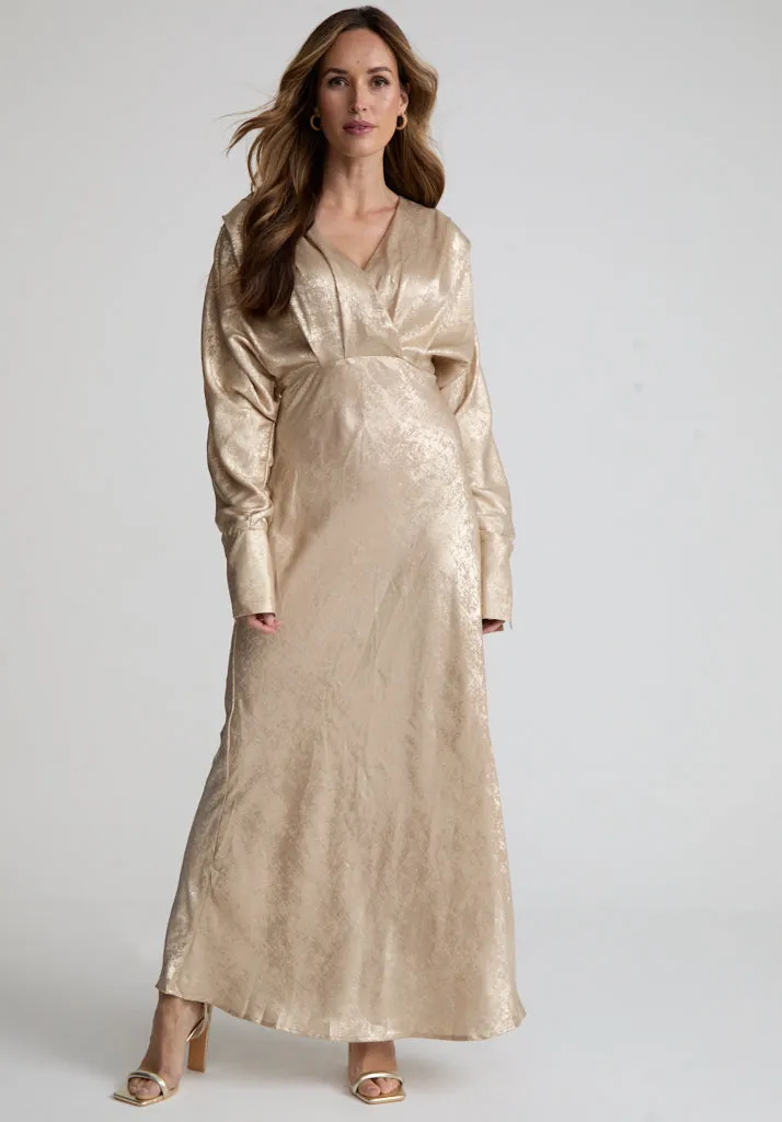 Paloma Metallic V-Neck Maxi Dress In Gold