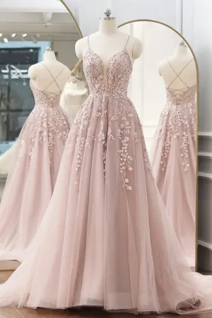 Pink Tulle Lace Long Prom Dresses A-line Spaghetti Strap Evening Dresses