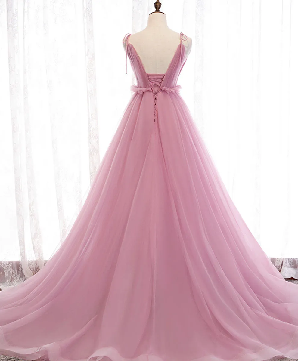 Pink V Neck Long Prom Dress Aline Pink Formal Evening Dresses