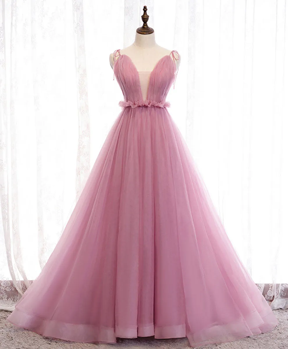 Pink V Neck Long Prom Dress Aline Pink Formal Evening Dresses