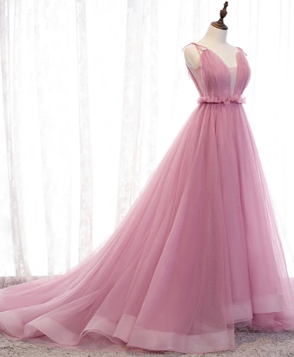 Pink V Neck Long Prom Dress Aline Pink Formal Evening Dresses