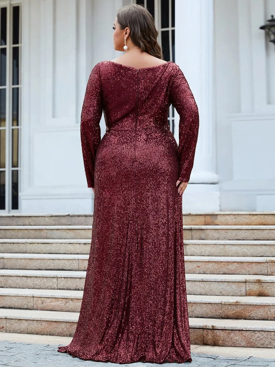 Plus Size Sequin V-Neck Long Sleeve High Slit Bodycon Evening Dress