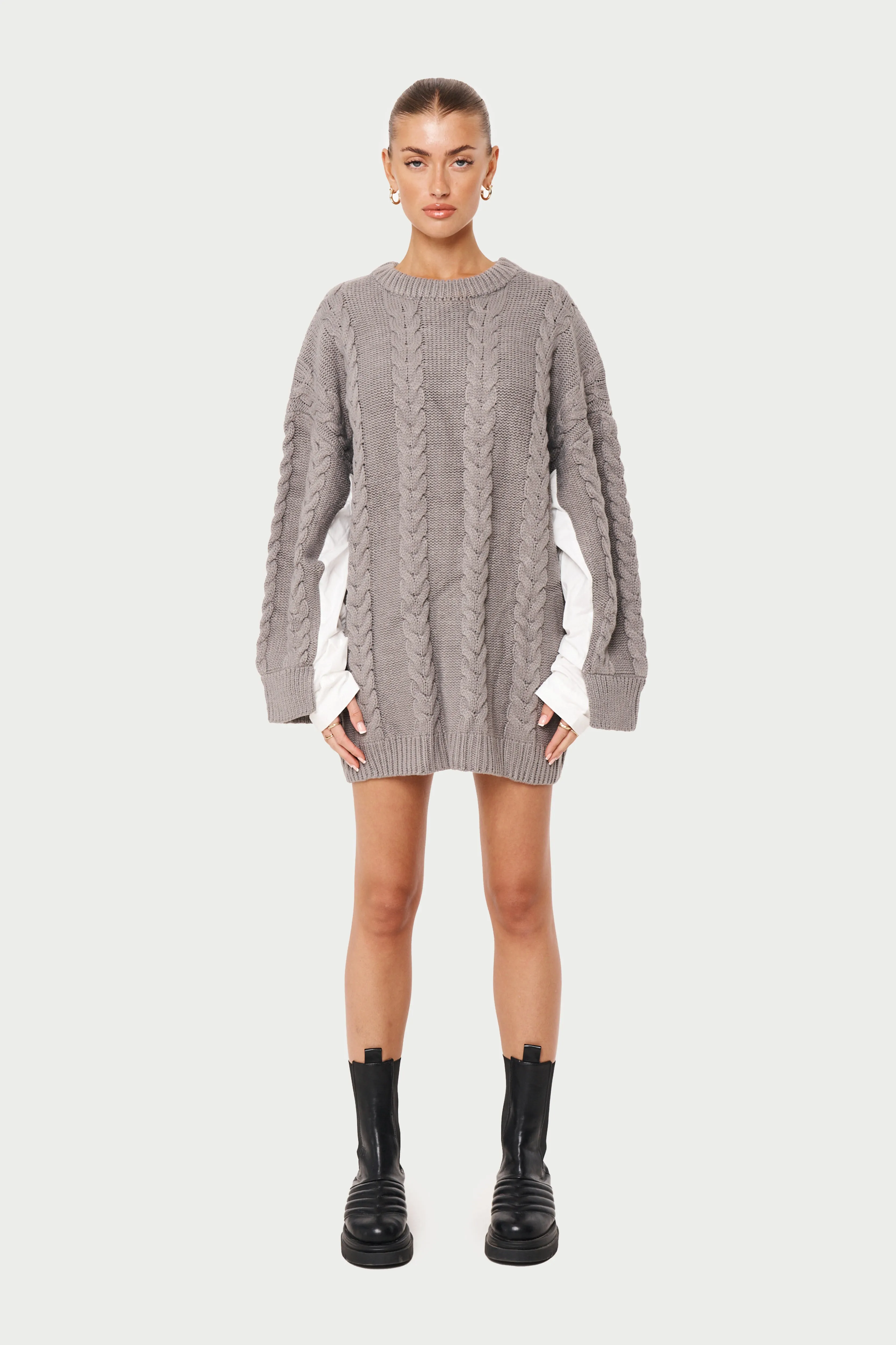 POPLIN PANEL CABLE JUMPER DRESS - GREY