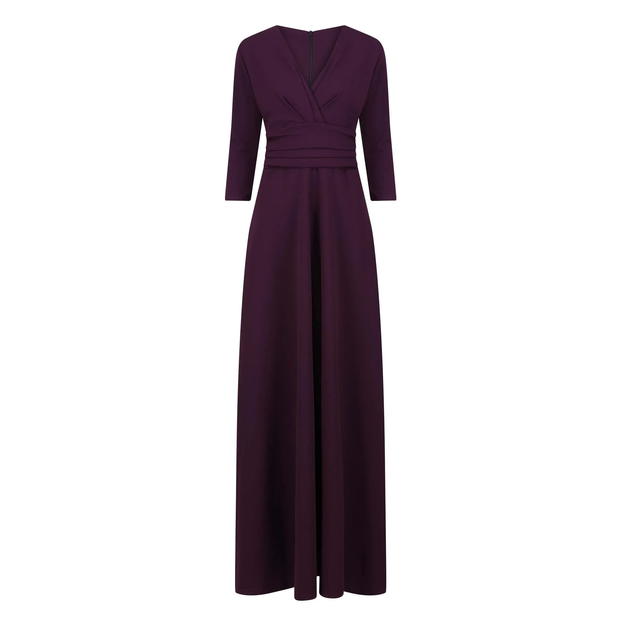 Purple Aubergine V Neck 3/4 Sleeve Maxi Dress