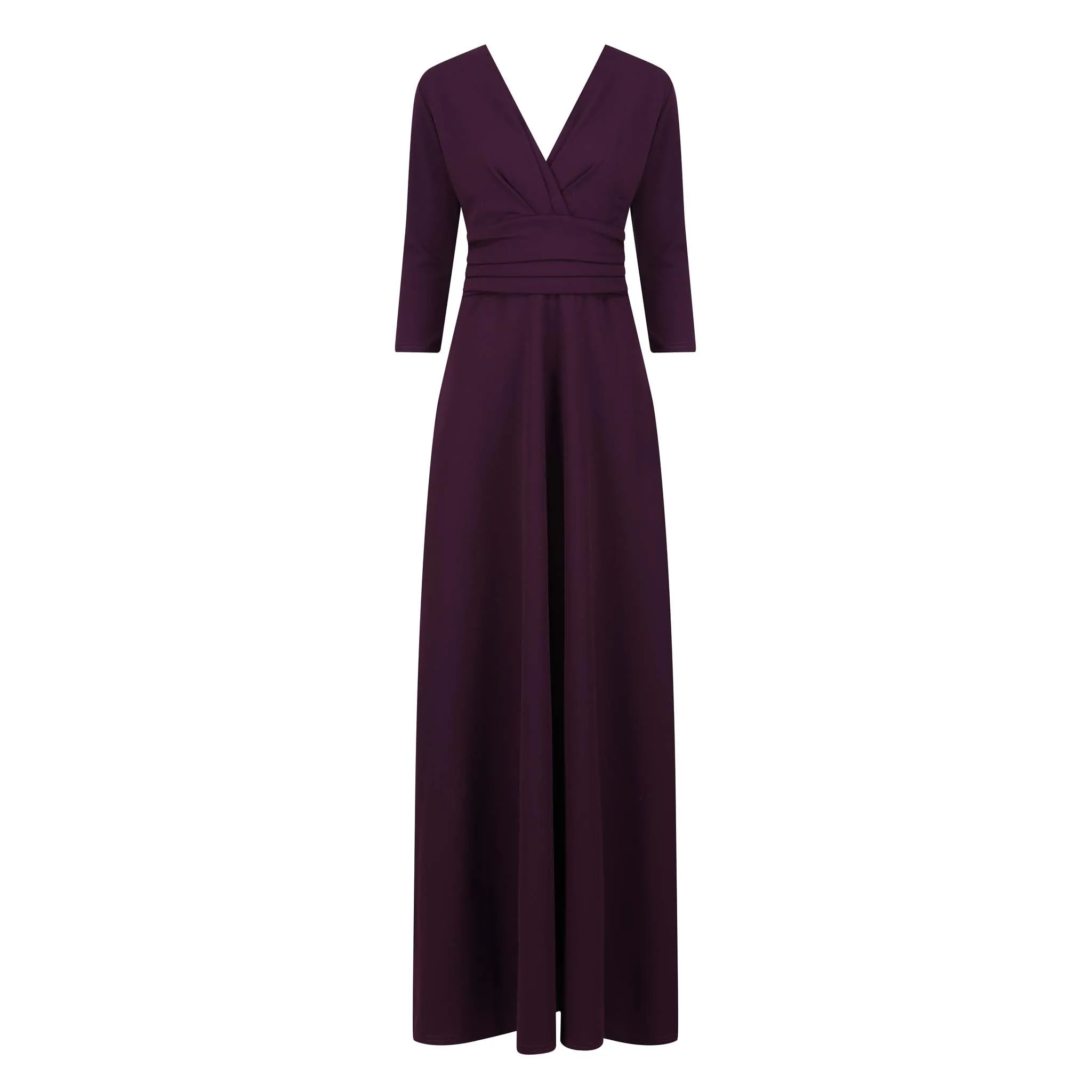 Purple Aubergine V Neck 3/4 Sleeve Maxi Dress