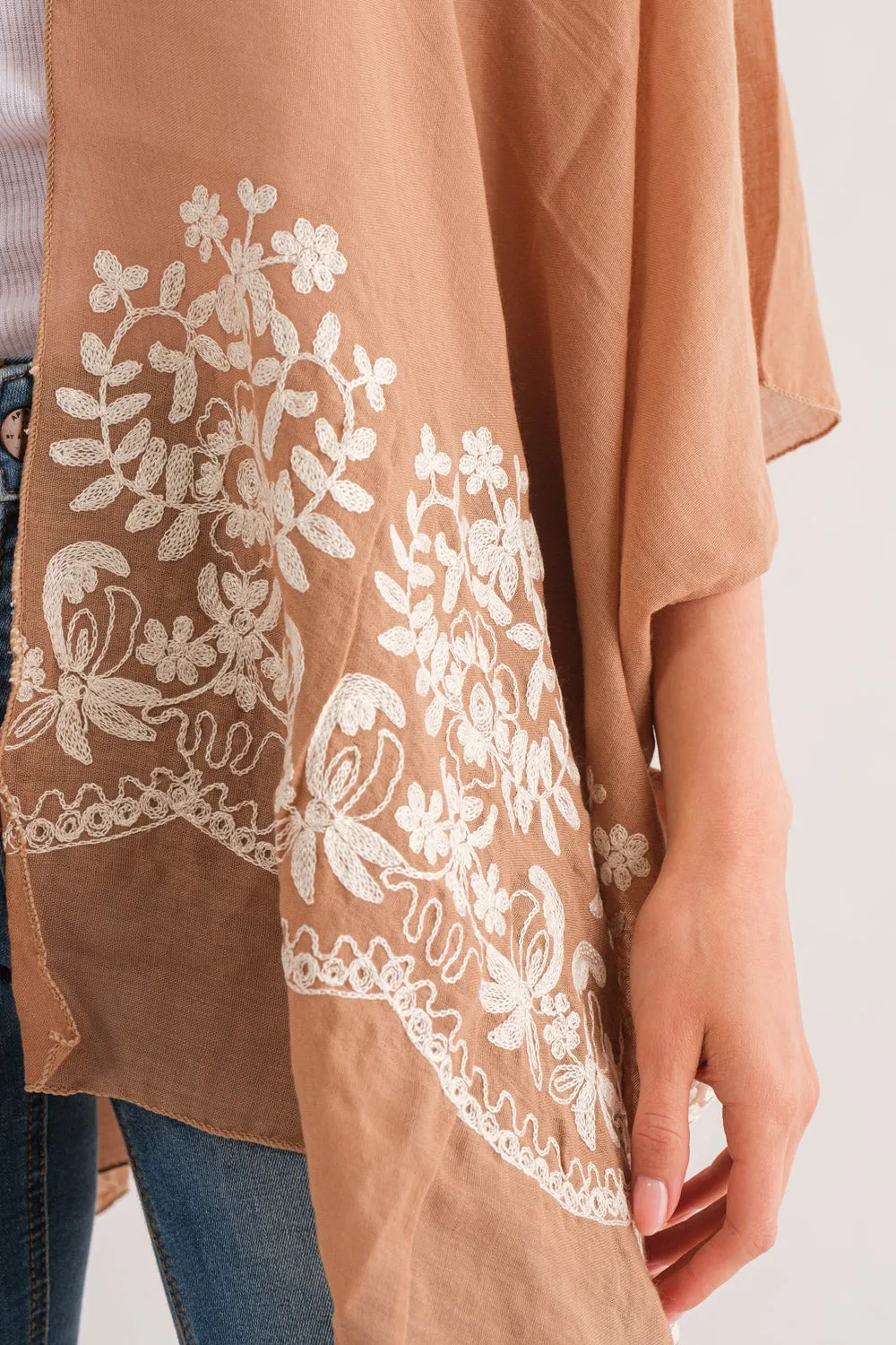 RAJ BLANCHE MOCHA BORDER EMBROIDERED KIMONO