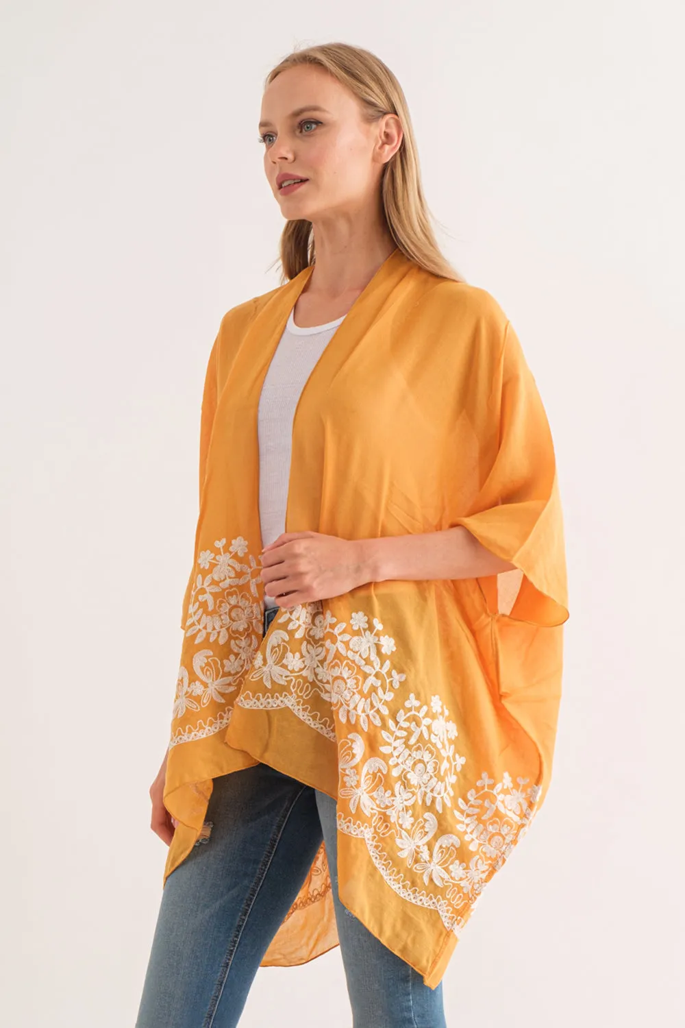 RAJ BLANCHE ORANGE PEEL BORDER EMBROIDERED KIMONO