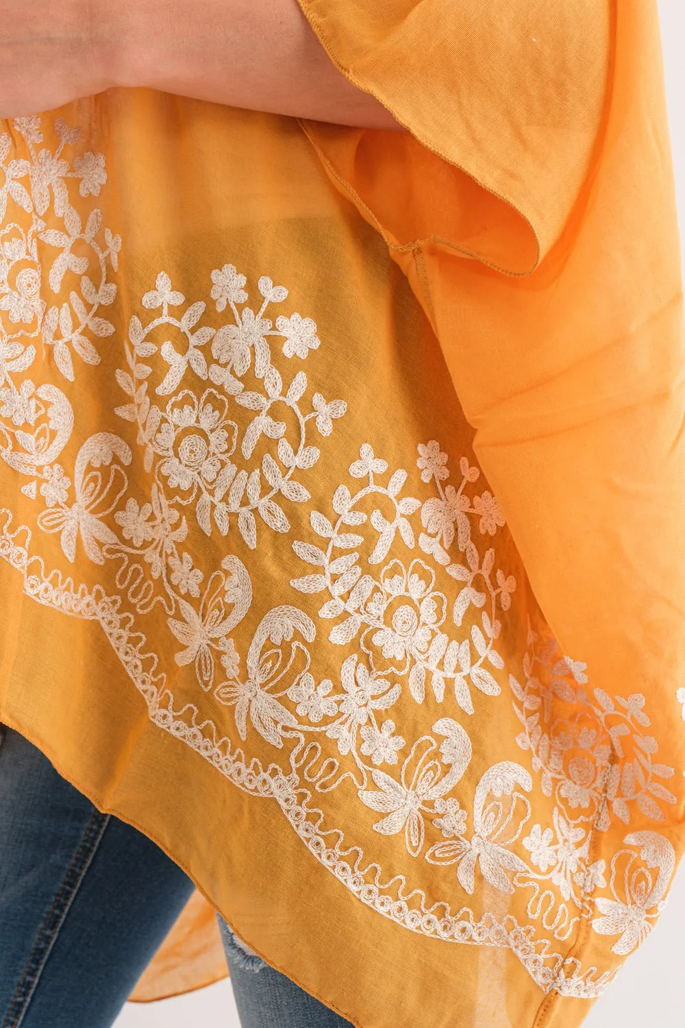 RAJ BLANCHE ORANGE PEEL BORDER EMBROIDERED KIMONO