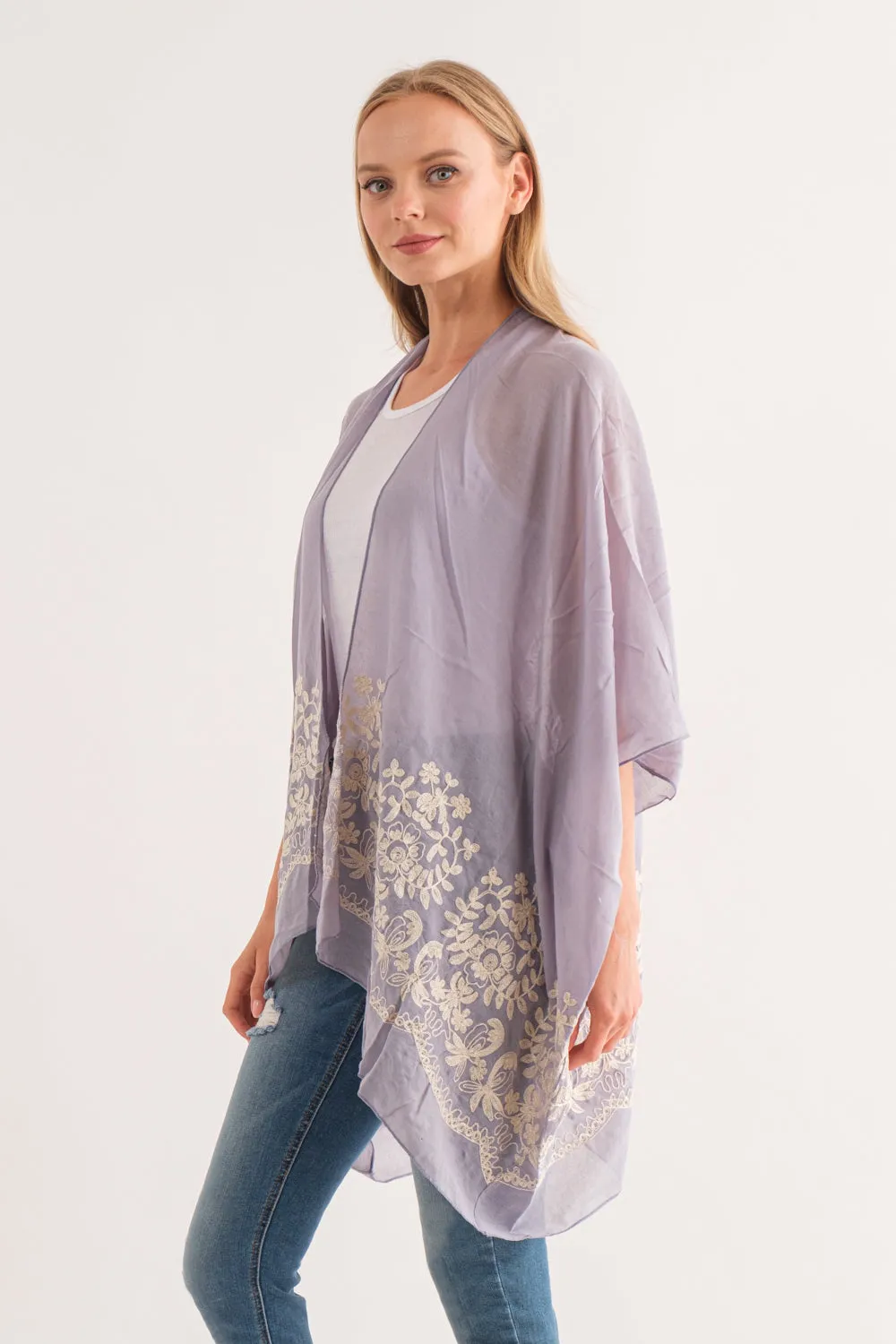 RAJ BLANCHE PERIWINKLE BORDER EMBROIDERED KIMONO