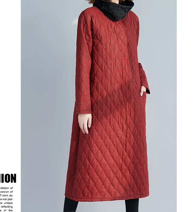 Red Winter Checked Dresses Loose Fall Dresses Casual Women Dresses SSM97213