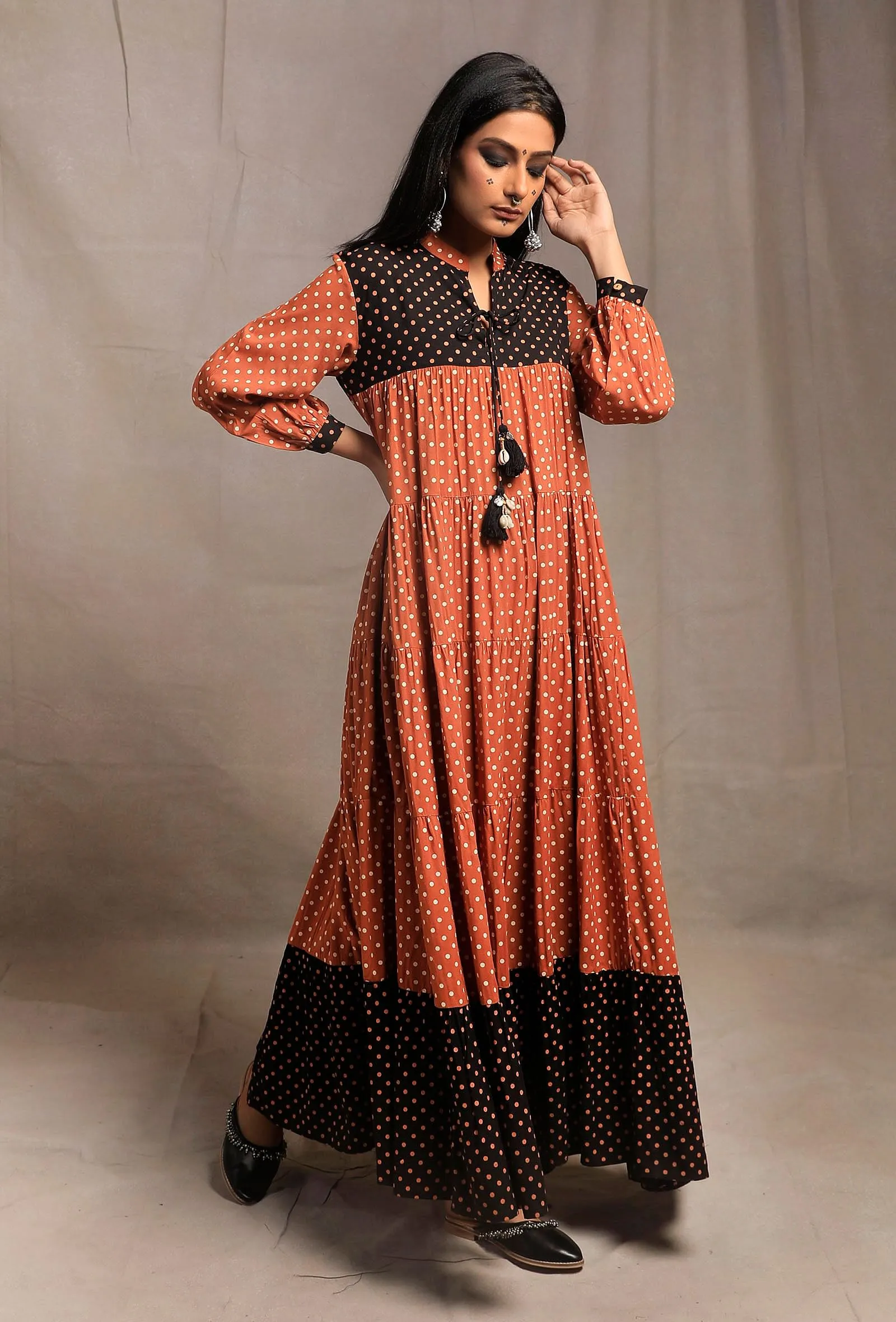 Rust Orange Contrast Printed Tier Long Dress