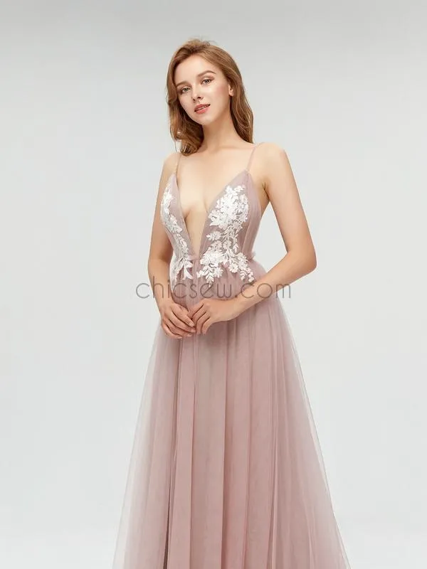 Sexy Deep V-neck Backless Applique A-line Tulle Prom Dress, YKX010