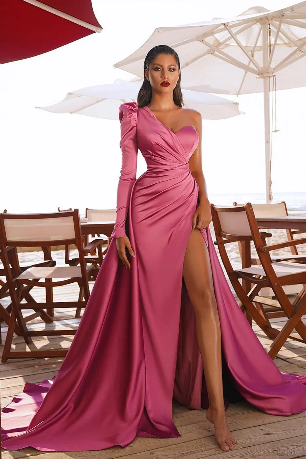 Sexy One Shoulder Satin Evening Maxi Gowns with Sweep Train Side Split Party Dress