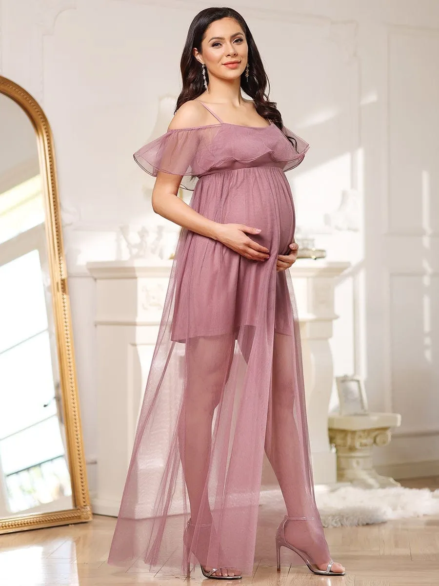 Sheer Ruffle Cold Shoulder Double Skirt Maternity Dress