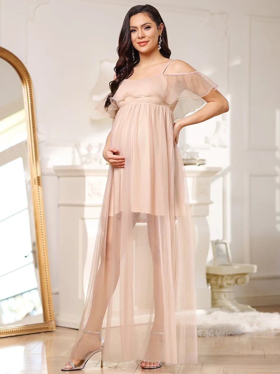 Sheer Ruffle Cold Shoulder Double Skirt Maternity Dress