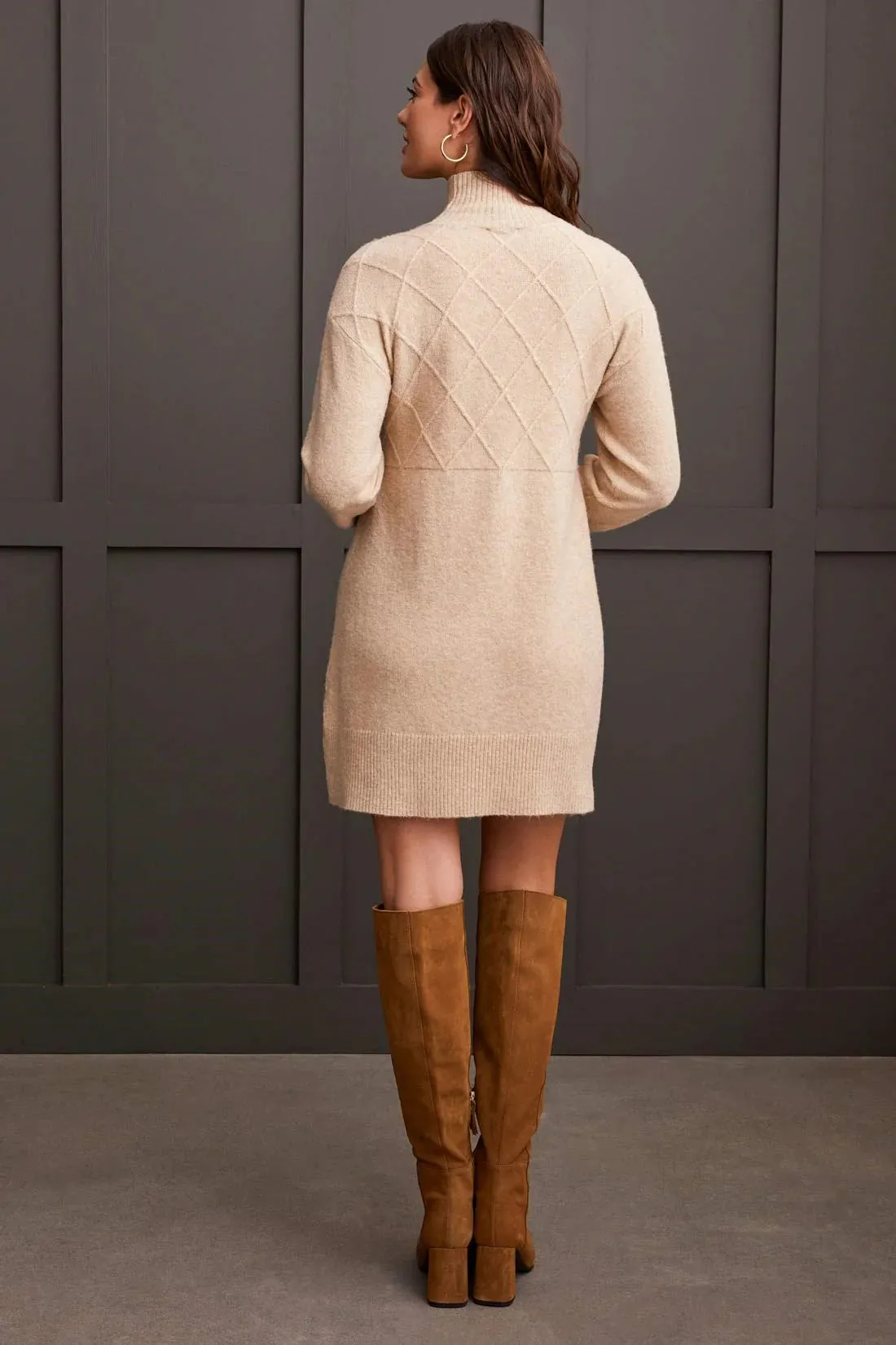 Soft Bouclé Diamond Pattern Mock Neck Sweater Dress