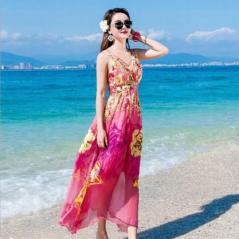 Summer High Quality Elegant Real Silk Beach Dress