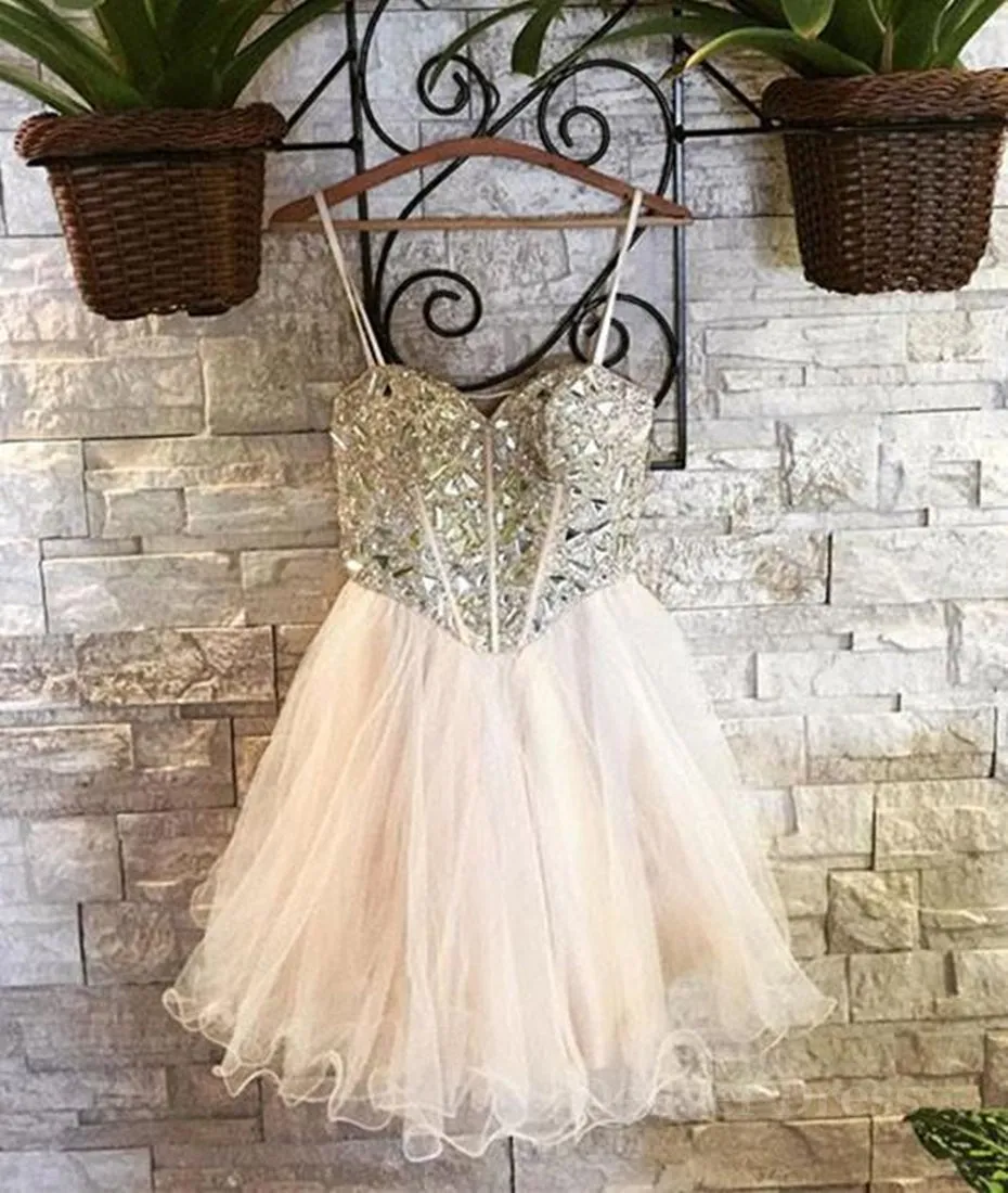 Sweetheart Neck Spaghetti Straps Tulle Champagne Homecoming Dresses Champagne Short Prom Dresses Graduation Dresses Evening Dresses