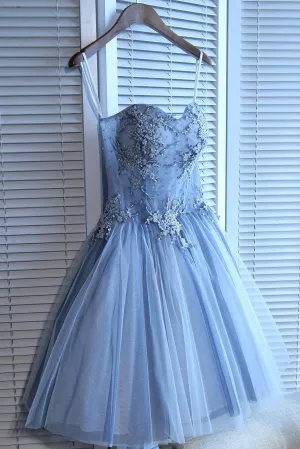 Sweetheart Strapless Homecoming Dresses Beads Blue Lace Up Tulle Short Prom Dresses