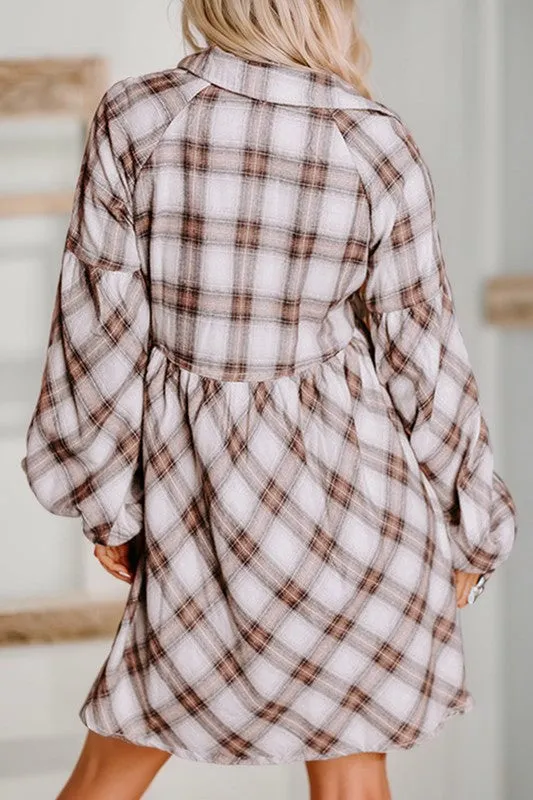 Take My Hand - Plaid Bubble Sleeve Shirt Dress