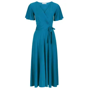 Teal Blue Cap Sleeve Crossover V Neck Wrap Top Swing Dress