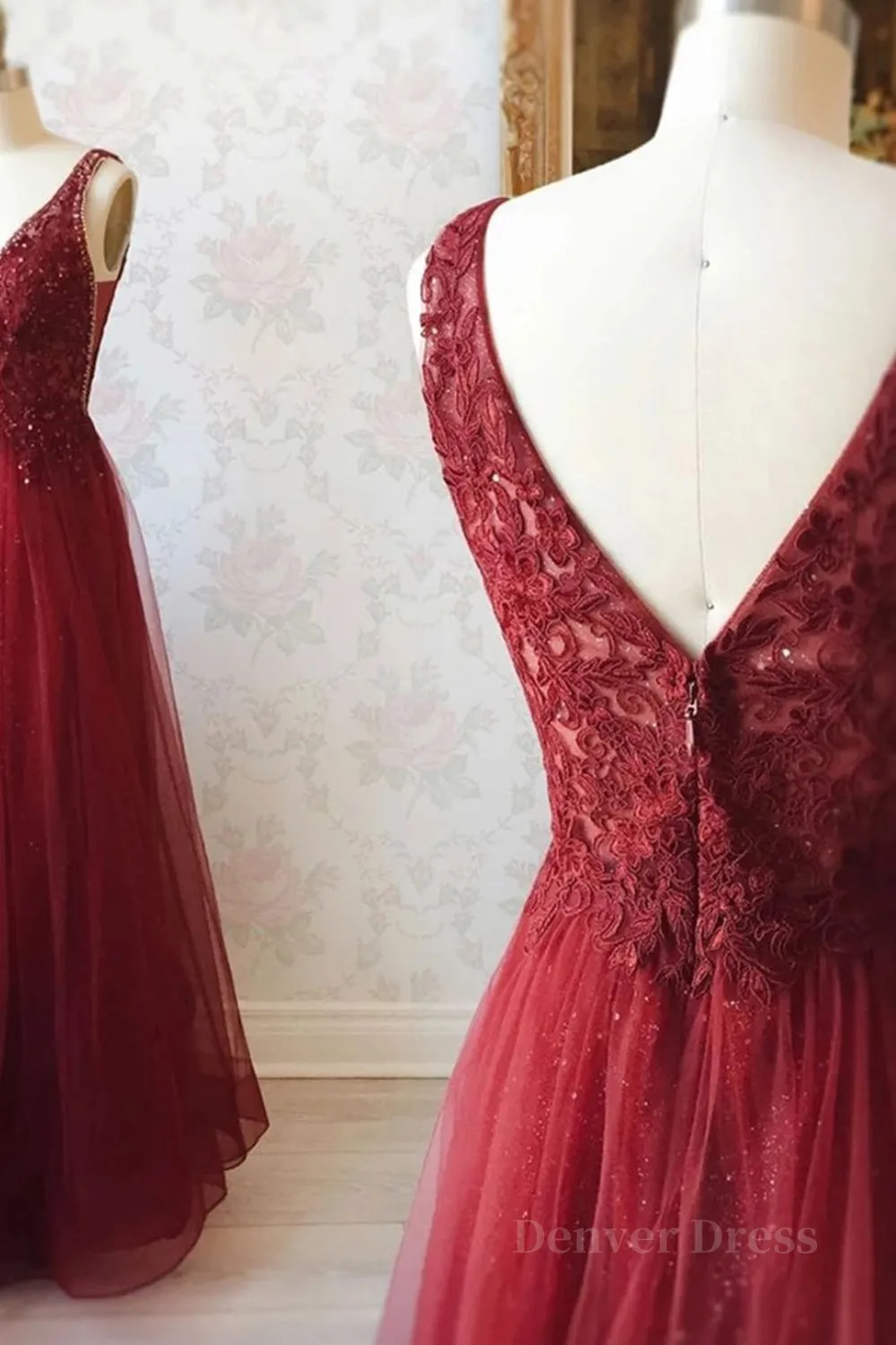 V Neck and V Back Burgundy Lace Long Prom Dresses Open Back Burgundy Formal Dresses Burgundy Lace Evening Dresses