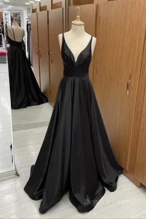 V Neck Backless Black Satin Long Prom Dresses Backless Black Formal Dresses Black Evening Dresses