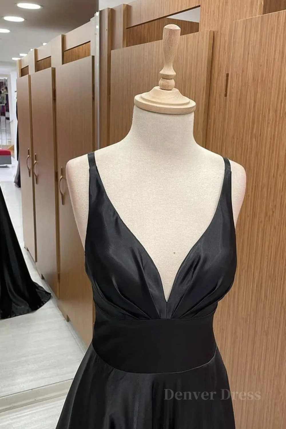 V Neck Backless Black Satin Long Prom Dresses Backless Black Formal Dresses Black Evening Dresses