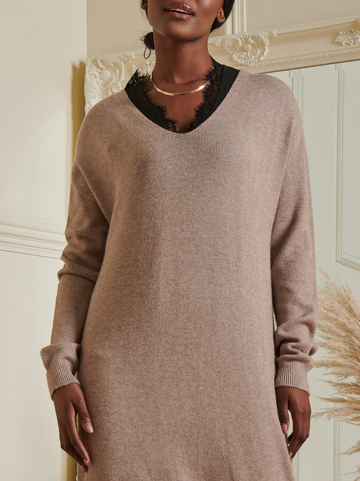 V-Neck Knitted Longline Dress, Dusky Rose