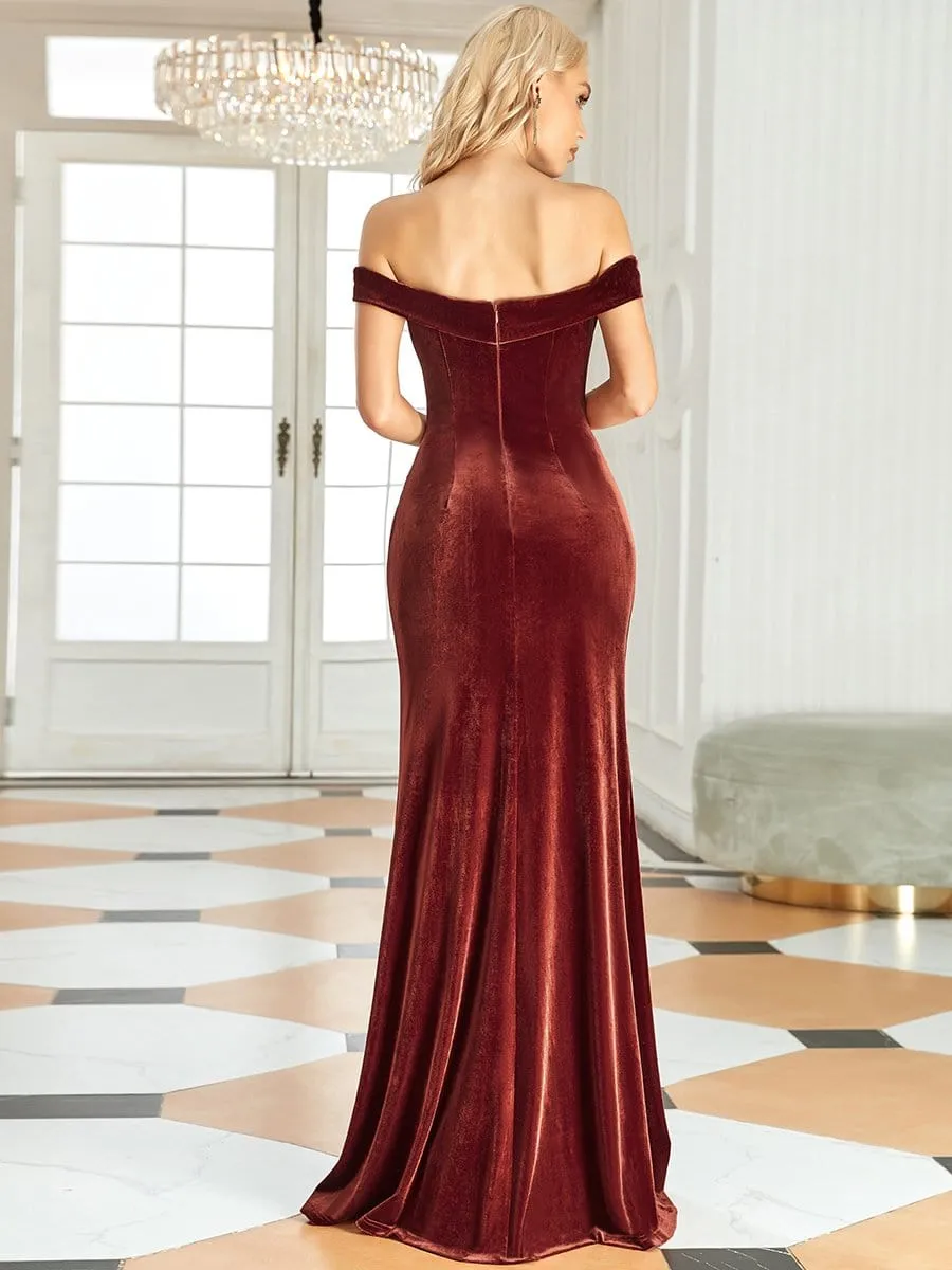 Velvet Off-Shoulder Sleeveless Bodycon Fishtail Bridesmaid Dress