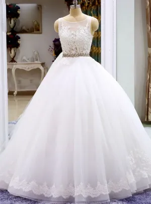 White Ball Gown Tulle Lace Bateau Backless Long Wedding Dresses