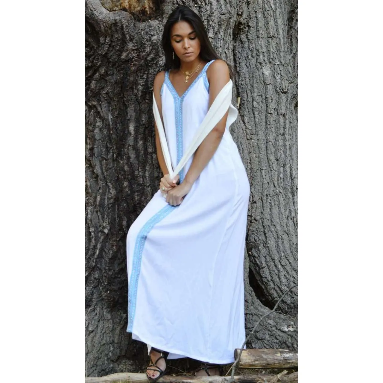 White Boho Sahra Maxi Dress- Moroccan Kaftan