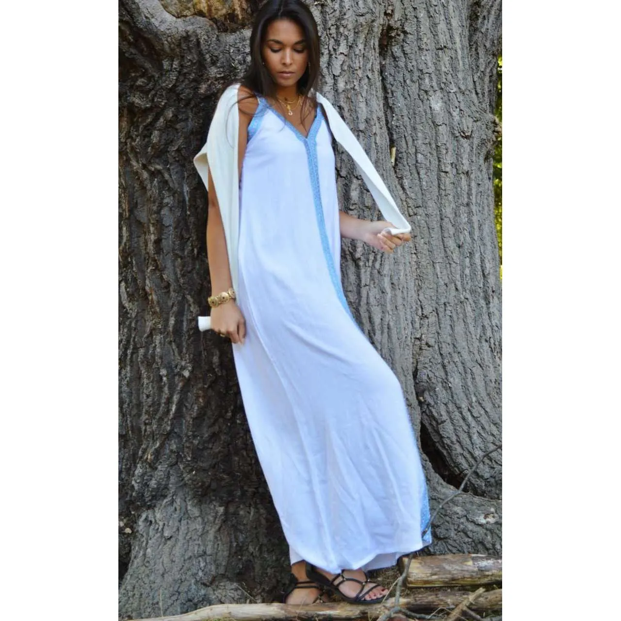 White Boho Sahra Maxi Dress- Moroccan Kaftan