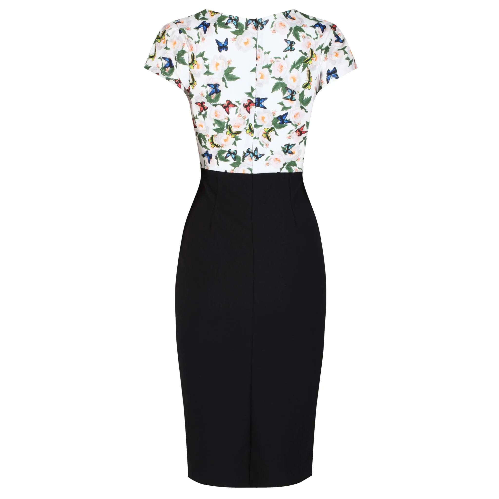 White Floral Butterfly Print Tie Front Bodycon Midi Dress